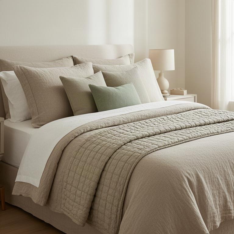 Opgemaakt bed met linnen dekbedovertrek, gewatteerde sprei en accentkussens in een rustige slaapkamer