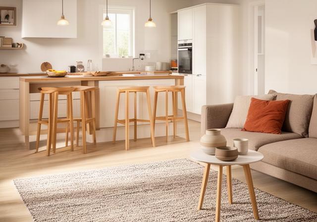 Open keuken en woonkamer met vloerkleed, houten krukken en hanglampen voor duidelijke zones