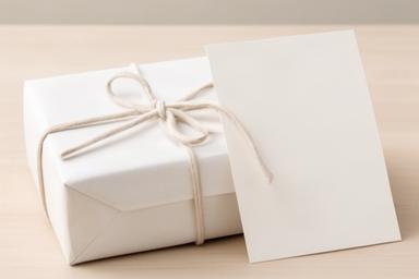 Neutrale witte cadeauverpakking met subtiel kaartje en katoenen koord