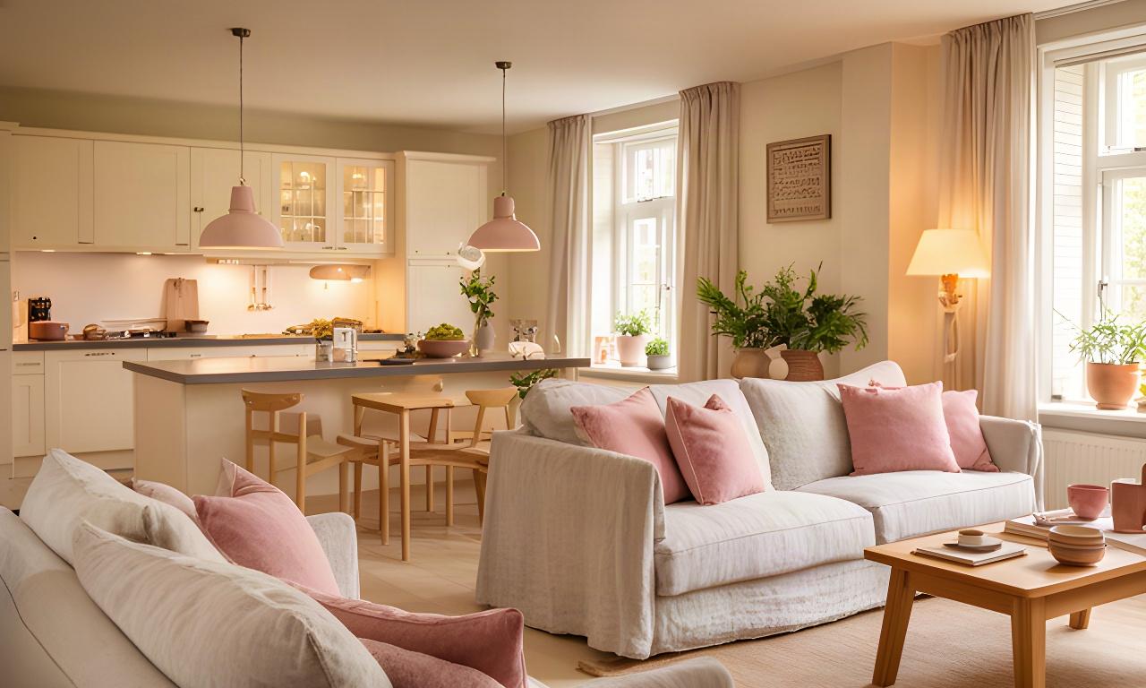 Warme open keuken en woonkamer met linnen textiel, houten meubels en roze woonaccessoires
