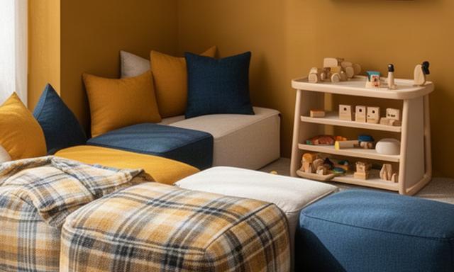 Kleurthema met oker en denimblauw in een stijlvolle speelhoek met plaid