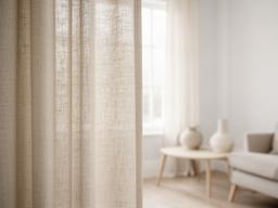Zandkleurig linnen gordijn bij een lichte woonkamer