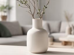 Minimalistische keramieken vaas in een lichte woonkamer