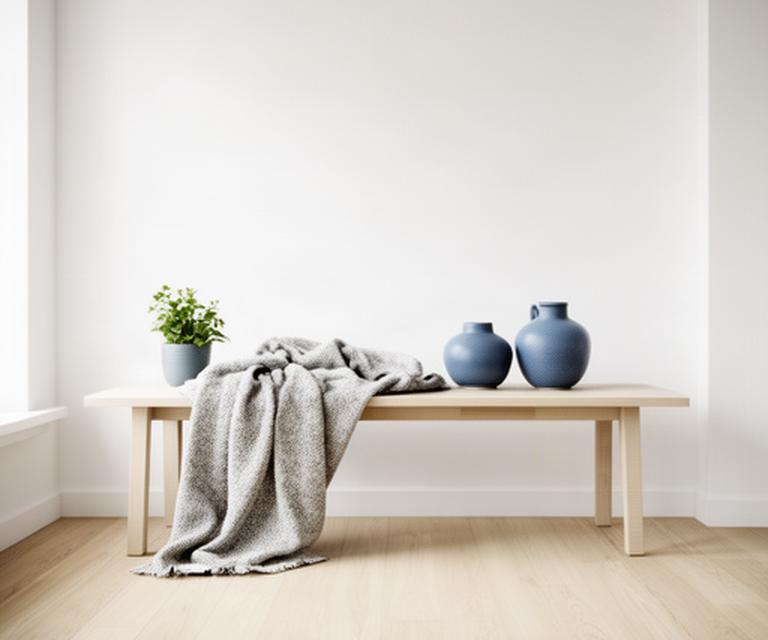 Scandinavische woonkamer met licht eiken vloer, witte muren, wollen plaid en keramiek