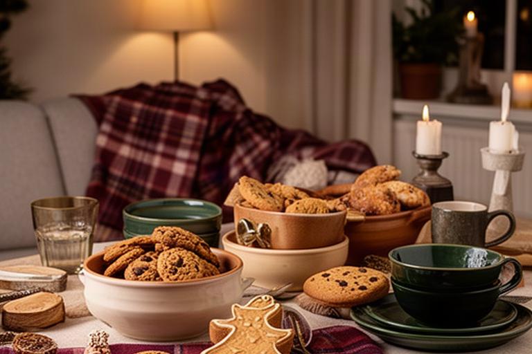 Sinterklaastafel met keramieken pepernotenkommen, speculaasvormpjes en warm textiel in een woonkamer