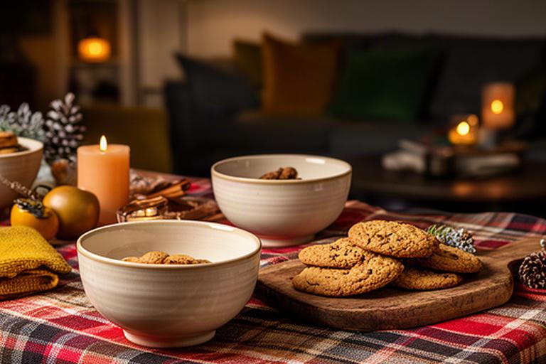 Gezellige Sinterklaasavond met keramieken kommen, speculaas en warm geruit tafeltextiel