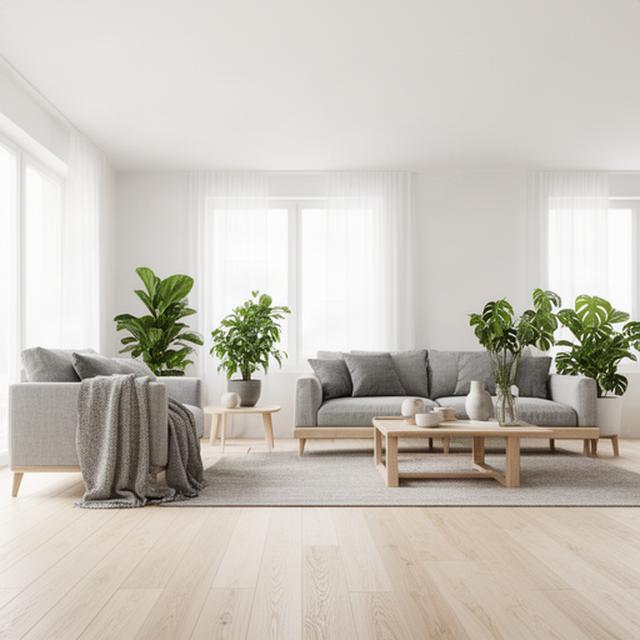 Lichte Scandinavische woonkamer met houten vloer, grijs textiel en groene planten