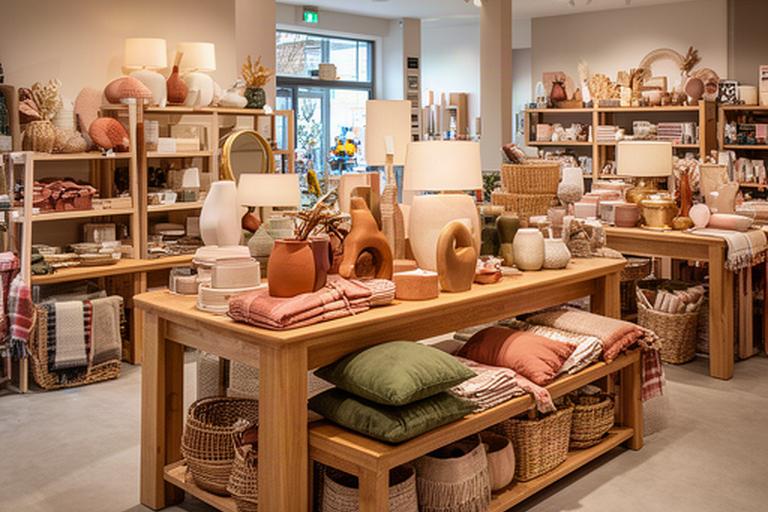 Gastvrije woonwinkel in Venray met houten presentatietafels en sfeervolle interieuraccenten